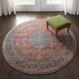 Ankara Global ANR01 Traditional Persian Vintage Distressed Shimmer Floral Medallion Border Textured Carved Low Flat-Pile Multicolour Round Rug