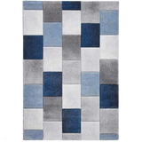Brooklyn 21830 Modern Geometric Square Patchwork Blocks Soft Carved Durable Short Pile Grey/Blue/Cream Rug