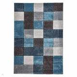 Brooklyn 646 Modern Geometric Tile Blocks Soft Carved Durable Short Pile Blue/Grey/Cream Rug