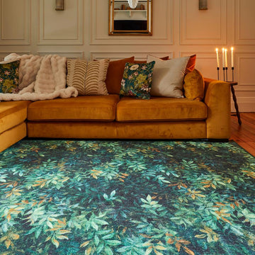 Washable Clarke & Clarke Congo Jungle Modern Floral Botanical Textured Lightweight Printed Recycled Polyester Flatweave Green/Yellow Rug