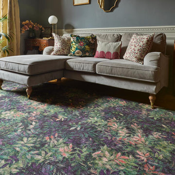 Washable Clarke & Clarke Congo Mulberry Modern Floral Botanical Textured Lightweight Printed Recycled Polyester Flatweave Green/Rose Rug