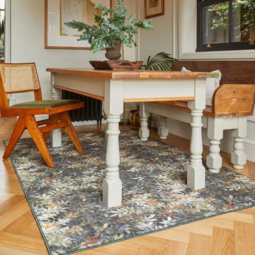 Washable Clarke & Clarke Congo Salt & Pepper Modern Floral Botanical Textured Lightweight Printed Recycled Polyester Flatweave Dark Green/Yellow Rug