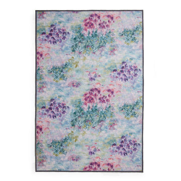 Washable Clarke & Clarke Fiore Heather Modern Floral Botanical Textured Lightweight Printed Recycled Polyester Flatweave Lilac/Blue Rug