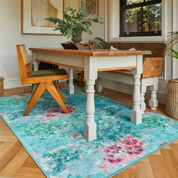 Washable Clarke & Clarke Fiore Rose Teal Modern Floral Botanical Textured Lightweight Printed Recycled Polyester Flatweave Green/Red Rug