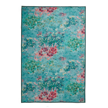Washable Clarke & Clarke Fiore Rose Teal Modern Floral Botanical Textured Lightweight Printed Recycled Polyester Flatweave Green/Red Rug
