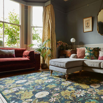 Washable Clarke & Clarke Passiflora Forest Modern Floral Botanical Textured Lightweight Printed Recycled Polyester Flatweave Forest/Olive/Moss/Emerald/Teal Blue/Ivory/Blush Rug