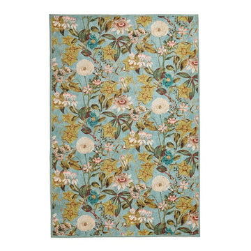 Washable Clarke & Clarke Passiflora Mineral Modern Floral Botanical Textured Lightweight Printed Recycled Polyester Flatweave Mineral Blue/Olive/Moss/Forest Green Rug