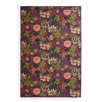 Washable Clarke & Clarke Passiflora Mulberry Modern Floral Botanical Textured Lightweight Printed Recycled Polyester Flatweave Mulberry Purple/Olive/Moss/Blush Pink Rug