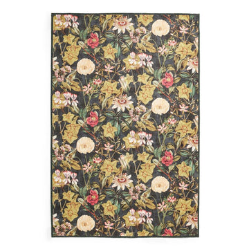 Washable Clarke & Clarke Passiflora Noir Modern Floral Botanical Textured Lightweight Printed Recycled Polyester Flatweave Noir Black/Olive/Forest/Sage/Moss/Ivory Rug