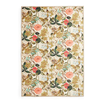 Washable Clarke & Clarke Passiflora Peaches & Cream Modern Floral Botanical Textured Lightweight Printed Recycled Polyester Flatweave Warm Beige/Peach/Coral/Sage/Mint Blue Rug