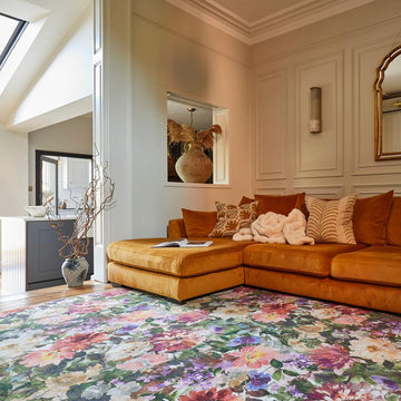 Washable Clarke & Clarke Tahiti Forest & Rouge Modern Floral Botanical Textured Lightweight Printed Recycled Polyester Flatweave Rouge Red/Coral/Blush Pink/Lilac/Forest Green/Multi Rug