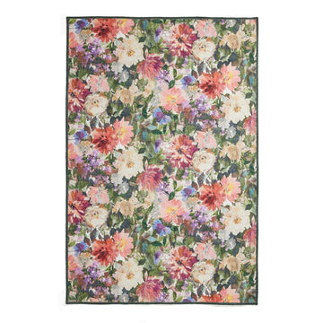 Washable Clarke & Clarke Tahiti Forest & Rouge Modern Floral Botanical Textured Lightweight Printed Recycled Polyester Flatweave Rouge Red/Coral/Blush Pink/Lilac/Forest Green/Multi Rug