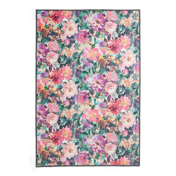 Washable Clarke & Clarke Tahiti Fuchsia Modern Floral Botanical Textured Lightweight Printed Recycled Polyester Flatweave Fuchsia Pink/Magenta/Orchid Purple/Multi Rug