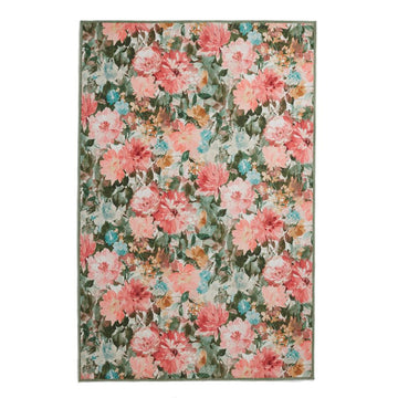 Washable Clarke & Clarke Tahiti Spring Modern Floral Botanical Textured Lightweight Printed Recycled Polyester Flatweave Blush Pink/Coral/Peach/Green/Multi Rug