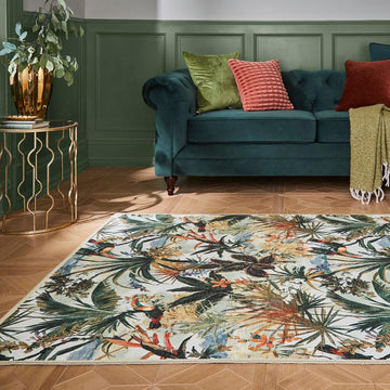 Washable Clarke & Clarke Toucan Antique Modern Floral Botanical Textured Lightweight Printed Recycled Polyester Flatweave Ivory/Olive Green/Rust Rug