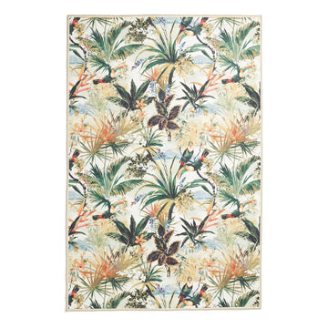 Washable Clarke & Clarke Toucan Antique Modern Floral Botanical Textured Lightweight Printed Recycled Polyester Flatweave Ivory/Olive Green/Rust Rug