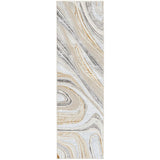 Glitz GLZ21 Modern Abstract Marbled Curve Distressed Metallic Shimmer Hi-Low Textured Soft-Touch Polyester Low Profile Short-Pile Grey/Gold Runner