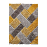 Olympia 2239 Modern 3D Geometric Interlocking Blocks Metallic Shimmer Soft Plush Carved Hi-Lo Textured Tonal Polyester Shaggy Grey/Yellow/Brown Rug