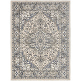 Quarry QUA05 Traditional Persian Vintage Distressed Floral Medallion Border Soft Textured Durable Low Profile Short Pile Ivory/Blue/Grey/Beige Rug