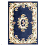 Royal Traditional Floral Aubusson Medallion Border French-Style Hand-Carved Hi-Low Textured Soft Durable Wool Blue Rug