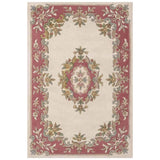 Royal Traditional Floral Aubusson Medallion Border French-Style Hand-Carved Hi-Low Textured Soft Durable Wool Cream/Pink Rug