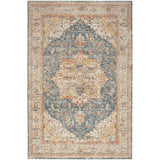 Sahar SHR06 Traditional Persian Vintage Distressed Floral Ornate Medallion Border Soft-Touch Polyester Low Profile Short Pile Ivory/Blue Rug
