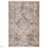 Sovereign Traditional Persian Vintage Distressed Shimmer Medallion Border Soft-Touch Ribbed Textured Polyester Low Profile Short Pile Fringe Ash Beige/Natural/Grey/Multi Rug