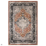 Sovereign Traditional Persian Vintage Distressed Shimmer Medallion Border Soft-Touch Ribbed Textured Polyester Low Profile Short Pile Fringe Terracotta/Beige/Black/Grey/Multi Rug