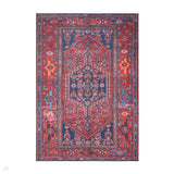 Washable Kashmar 2017 Traditional Persian Heriz Medallion Border Soft Digitally Printed Lightweight Textured Polyester Flatweave Deep Crimson Red/Rust Red/Navy/Ivory/Grey/Orange Rug