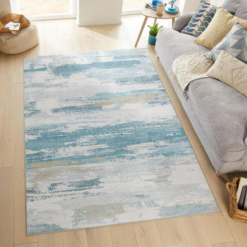Washable Liberty LIB101 Modern Abstract Distressed Easy-Care Soft Smooth Velvet Touch Polyester Short Pile Flatweave Ivory/Sky Blue/Aqua/Grey/Beige Rug-Concept Looms-Rug Love - The Most Loved Rug Store