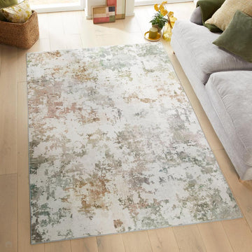 Washable Liberty LIB102 Modern Abstract Distressed Easy-Care Soft Smooth Velvet Touch Polyester Short Pile Flatweave Pastel/Ivory/Sage/Sand/Clay Terra/Taupe Rug-Concept Looms-Rug Love - The Most Loved Rug Store