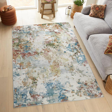 Washable Liberty LIB103 Modern Abstract Distressed Easy-Care Soft Smooth Velvet Touch Polyester Short Pile Flatweave Palette/Ivory/Sky/Teal/Olive/Golden Sand/Rust/Mauve Rug-Concept Looms-Rug Love - The Most Loved Rug Store