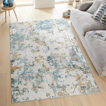 Washable Liberty LIB104 Modern Abstract Distressed Easy-Care Soft Smooth Velvet Touch Polyester Short Pile Flatweave Ivory/Aqua/Teal Blue/Ochre/Grey/Olive Rug-Concept Looms-Rug Love - The Most Loved Rug Store
