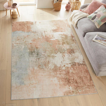 Washable Liberty LIB105 Modern Abstract Distressed Easy-Care Soft Smooth Velvet Touch Polyester Short Pile Flatweave Spring/Ivory/Blush/Peach Coral/Sage/Olive/Blue/Taupe Rug-Concept Looms-Rug Love - The Most Loved Rug Store
