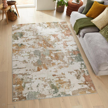 Washable Liberty LIB107 Modern Abstract Distressed Easy-Care Soft Smooth Velvet Touch Polyester Short Pile Flatweave Autumn/Ivory/Rust/Golden Ochre/Sage/Taupe Rug-Concept Looms-Rug Love - The Most Loved Rug Store