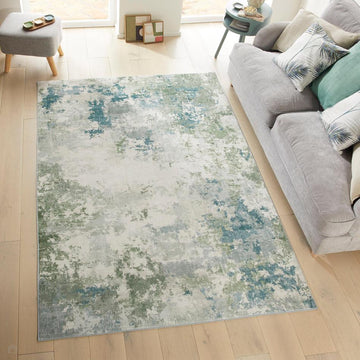 Washable Liberty LIB109 Modern Abstract Distressed Easy-Care Soft Smooth Velvet Touch Polyester Short Pile Flatweave Ivory/Seafoam Green/Teal Blue/Grey/Olive Rug-Concept Looms-Rug Love - The Most Loved Rug Store