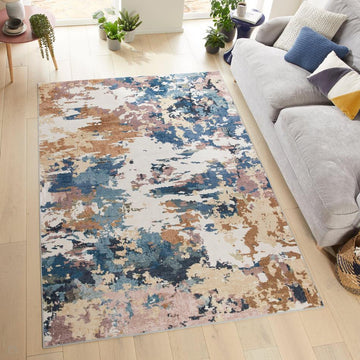 Washable Liberty LIB110 Modern Abstract Distressed Easy-Care Soft Smooth Velvet Touch Polyester Short Pile Flatweave Cobalt Blue/Navy/Rust Brown/Blush/Beige/Ivory Rug-Concept Looms-Rug Love - The Most Loved Rug Store