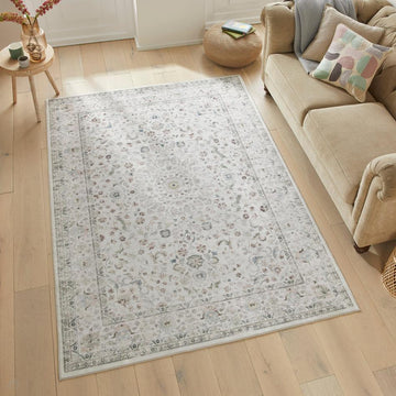 Washable Liberty LIB201 Traditional Distressed Floral Medallion Border Easy-Care Soft Smooth Velvet Touch Polyester Short Pile Flatweave Cream/Pale Grey/Blush/Dusty Blue/Muted Green/Taupe Rug-Concept Looms-Rug Love - The Most Loved Rug Store