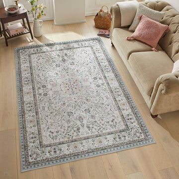 Washable Liberty LIB202 Traditional Distressed Floral Medallion Border Easy-Care Soft Smooth Velvet Touch Polyester Short Pile Flatweave Ivory/Pastel Blue/Soft Pink/Sage/Taupe/Lilac/Charcoal Rug-Concept Looms-Rug Love - The Most Loved Rug Store