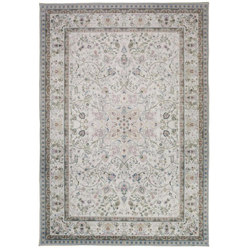 Washable Liberty LIB202 Traditional Distressed Floral Medallion Border Easy-Care Soft Smooth Velvet Touch Polyester Short Pile Flatweave Ivory/Pastel Blue/Soft Pink/Sage/Taupe/Lilac/Charcoal Rug-Concept Looms-Rug Love - The Most Loved Rug Store