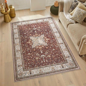 Washable Liberty LIB203 Traditional Distressed Floral Medallion Border Easy-Care Soft Smooth Velvet Touch Polyester Short Pile Flatweave Deep Burgundy/Ivory/Burnt Orange/Muted Blue/Olive/Beige Rug-Concept Looms-Rug Love - The Most Loved Rug Store