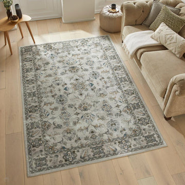 Washable Liberty LIB204 Traditional Distressed Floral Medallion Border Easy-Care Soft Smooth Velvet Touch Polyester Short Pile Flatweave Taupe/Ivory/Charcoal/Olive/Muted Blue/Rust Brown Rug-Concept Looms-Rug Love - The Most Loved Rug Store