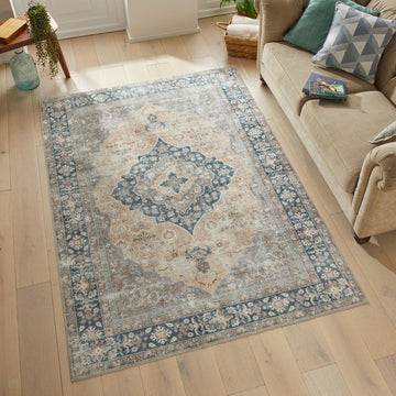 Washable Liberty LIB205 Traditional Distressed Floral Medallion Border Easy-Care Soft Smooth Velvet Touch Polyester Short Pile Flatweave Ivory/Gold/Blue/Taupe/Rust Brown/Soft Grey Rug-Concept Looms-Rug Love - The Most Loved Rug Store