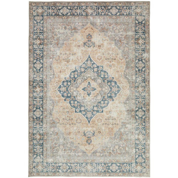 Washable Liberty LIB205 Traditional Distressed Floral Medallion Border Easy-Care Soft Smooth Velvet Touch Polyester Short Pile Flatweave Ivory/Gold/Blue/Taupe/Rust Brown/Soft Grey Rug-Concept Looms-Rug Love - The Most Loved Rug Store