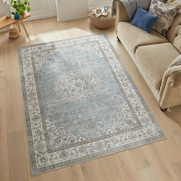 Washable Liberty LIB206 Traditional Distressed Floral Medallion Border Easy-Care Soft Smooth Velvet Touch Polyester Short Pile Flatweave Light Blue/Ivory/Grey/Taupe/Sage/Soft Pink Rug-Concept Looms-Rug Love - The Most Loved Rug Store