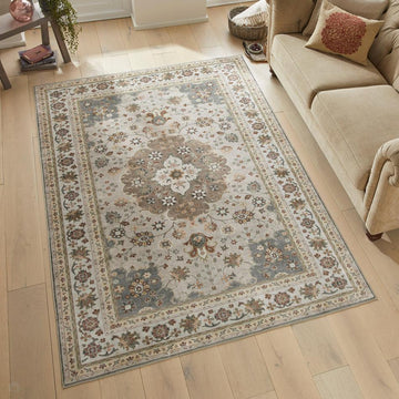 Washable Liberty LIB207 Traditional Distressed Floral Medallion Border Easy-Care Soft Smooth Velvet Touch Polyester Short Pile Flatweave Mocha/Taupe Grey/Cream/Burnt Orange/Muted Green/Rust Red/Light Blue-Grey Rug-Concept Looms-Rug Love - The Most Loved Rug Store