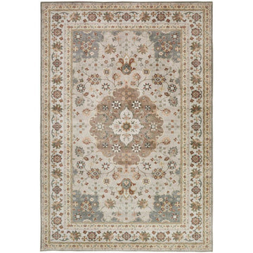 Washable Liberty LIB207 Traditional Distressed Floral Medallion Border Easy-Care Soft Smooth Velvet Touch Polyester Short Pile Flatweave Mocha/Taupe Grey/Cream/Burnt Orange/Muted Green/Rust Red/Light Blue-Grey Rug-Concept Looms-Rug Love - The Most Loved Rug Store