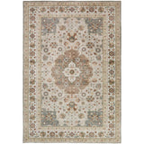 Washable Liberty LIB207 Traditional Distressed Floral Medallion Border Easy-Care Soft Smooth Velvet Touch Polyester Short Pile Flatweave Mocha/Taupe Grey/Cream/Burnt Orange/Muted Green/Rust Red/Light Blue-Grey Rug