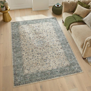 Washable Liberty LIB208 Traditional Distressed Floral Medallion Border Easy-Care Soft Smooth Velvet Touch Polyester Short Pile Flatweave Cream/Sage/Muted Blue/Dusty Rose/Taupe/Charcoal Grey Rug-Concept Looms-Rug Love - The Most Loved Rug Store