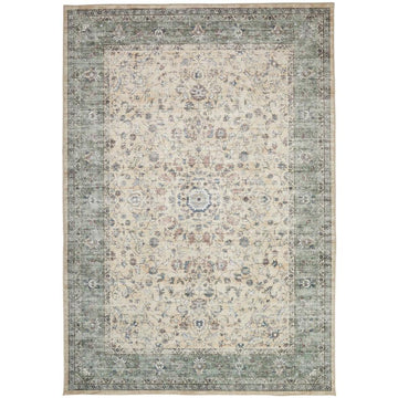 Washable Liberty LIB208 Traditional Distressed Floral Medallion Border Easy-Care Soft Smooth Velvet Touch Polyester Short Pile Flatweave Cream/Sage/Muted Blue/Dusty Rose/Taupe/Charcoal Grey Rug-Concept Looms-Rug Love - The Most Loved Rug Store